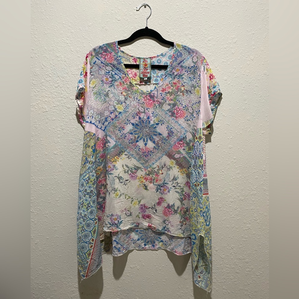 Johnny Was JWLA Large L Vibrant Floral Printed V-Neck Tunic Top